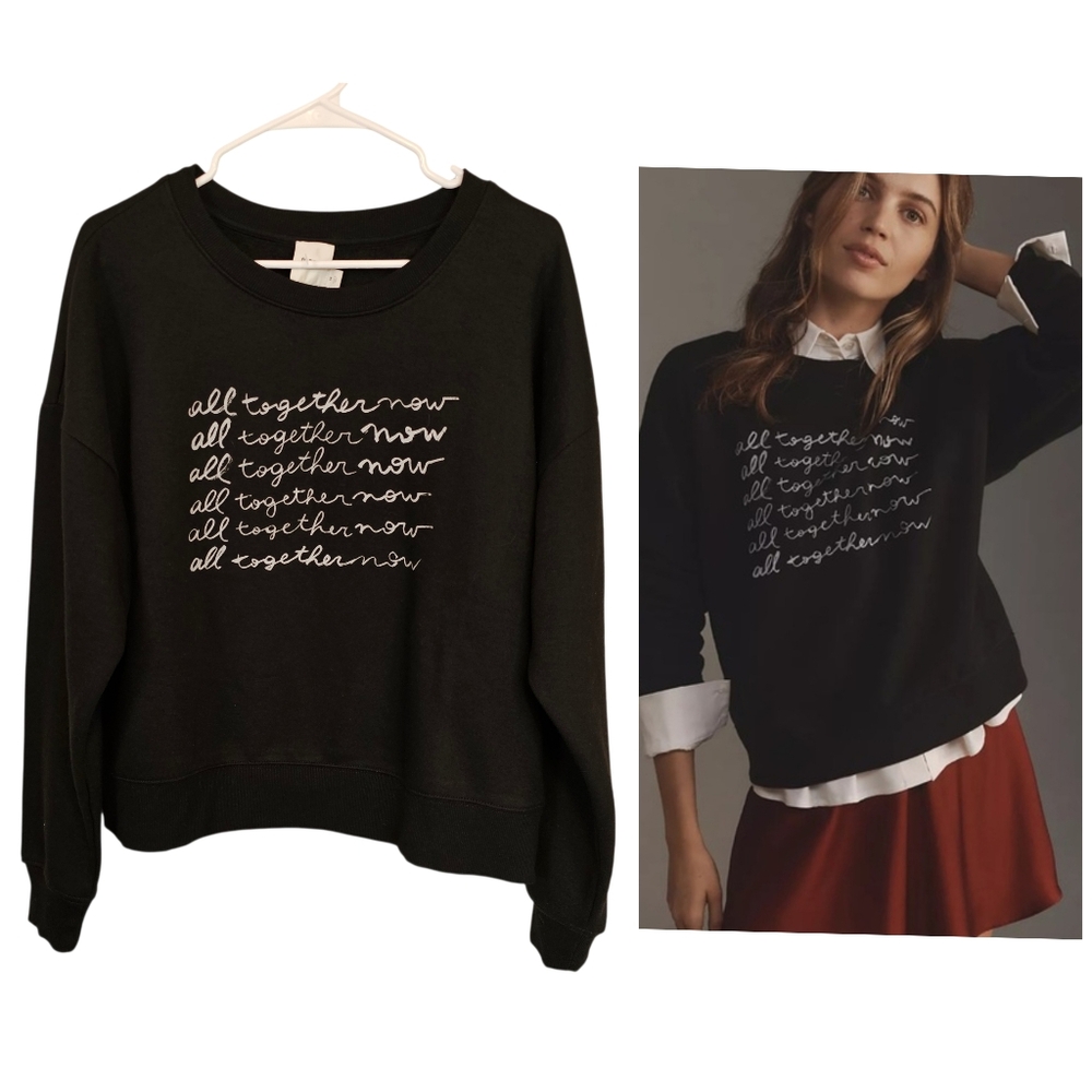 Anthropologie Black Sweatshirt with White Script Repeated Text
